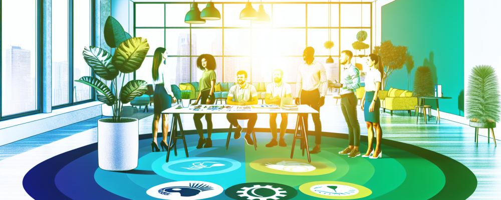 Ambiente de trabalho moderno com profissionais colaborando em psicologia do esporte, rodeados por luz natural e materiais motivacionais