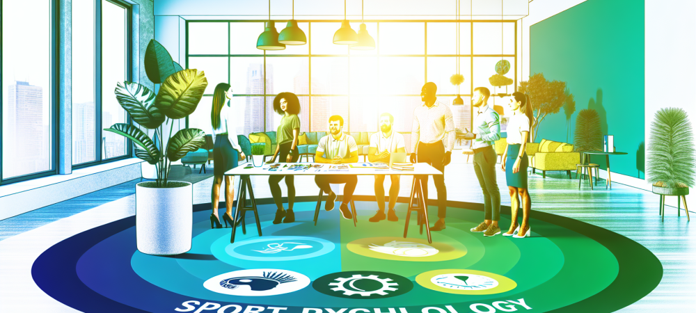 colaboracao-psicologia-esporte-trabalho.webp Ambiente de trabalho moderno com profissionais colaborando em psicologia do esporte, rodeados por luz natural e materiais motivacionais