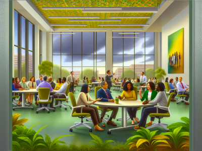 Ambiente de trabalho com servidores públicos compartilhando ideias, cercados por plantas e luz natural, destacando colaboração interpessoal.