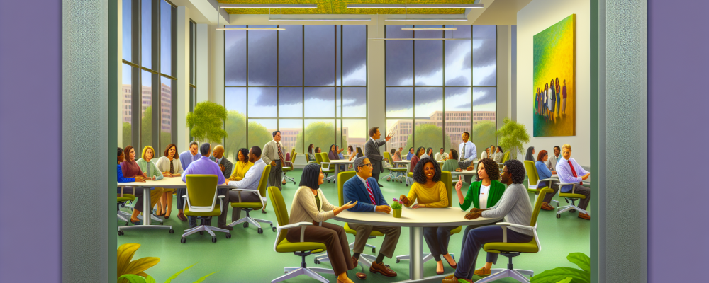 Ambiente de trabalho com servidores públicos compartilhando ideias, cercados por plantas e luz natural, destacando colaboração interpessoal.