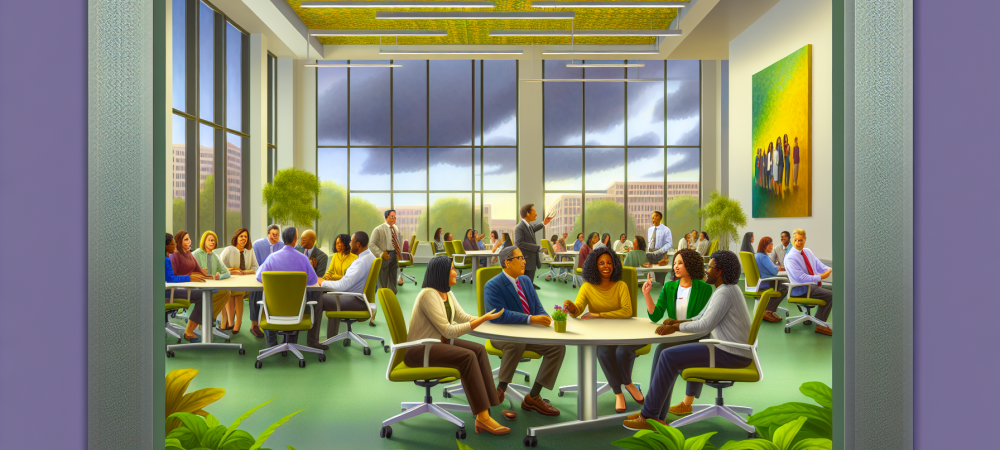 Ambiente de trabalho com servidores públicos compartilhando ideias, cercados por plantas e luz natural, destacando colaboração interpessoal.