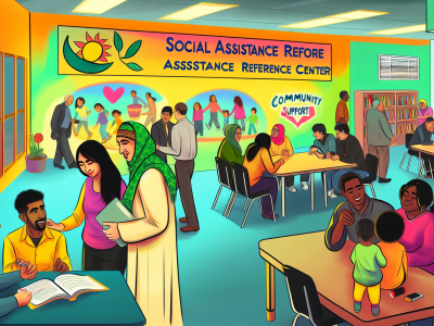 Profissionais do SUAS, como psicólogos e assistentes sociais, colaborando no CRAS com famílias em vulnerabilidade em ambiente acolhedor.