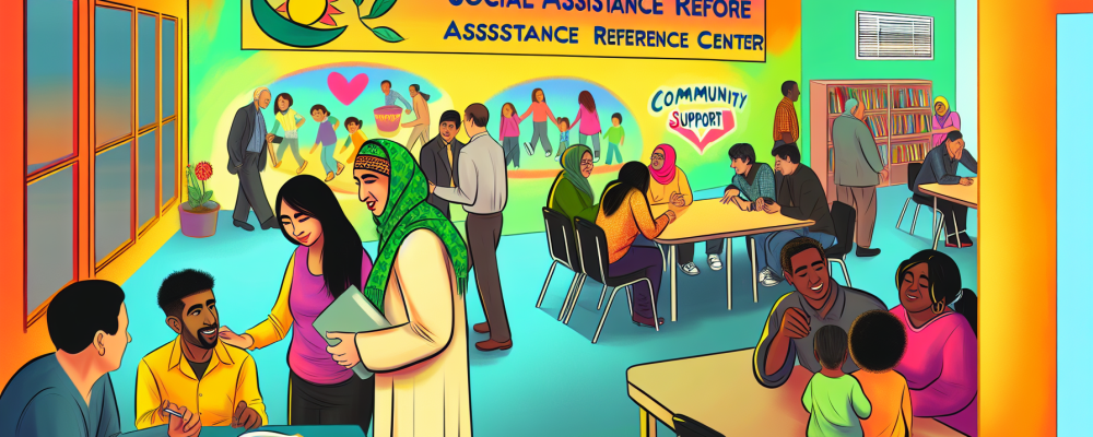 Profissionais do SUAS, como psicólogos e assistentes sociais, colaborando no CRAS com famílias em vulnerabilidade em ambiente acolhedor.