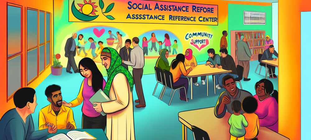 colaboracao-suas-cras.webp Profissionais do SUAS, como psicólogos e assistentes sociais, colaborando no CRAS com famílias em vulnerabilidade em ambiente acolhedor.