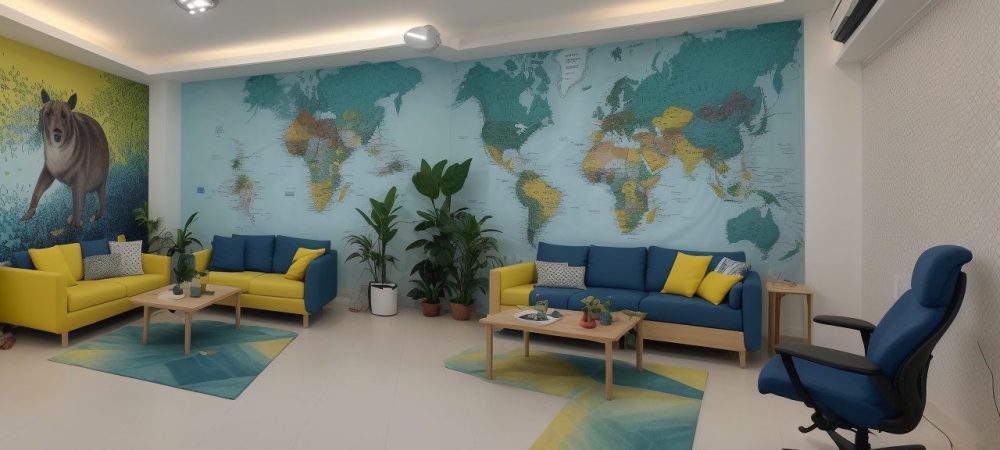 Colaboradores interagindo em um ambiente de trabalho moderno, simbolizando saúde mental e avaliação psicossocial.