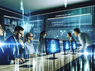 Profissionais colaboram em sala moderna analisando gráficos de segurança da informação projetados, com luzes de confiança e inovação.