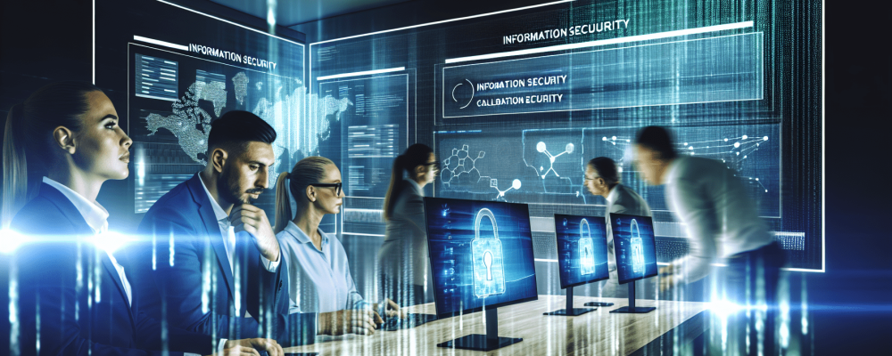 Profissionais colaboram em sala moderna analisando gráficos de segurança da informação projetados, com luzes de confiança e inovação.