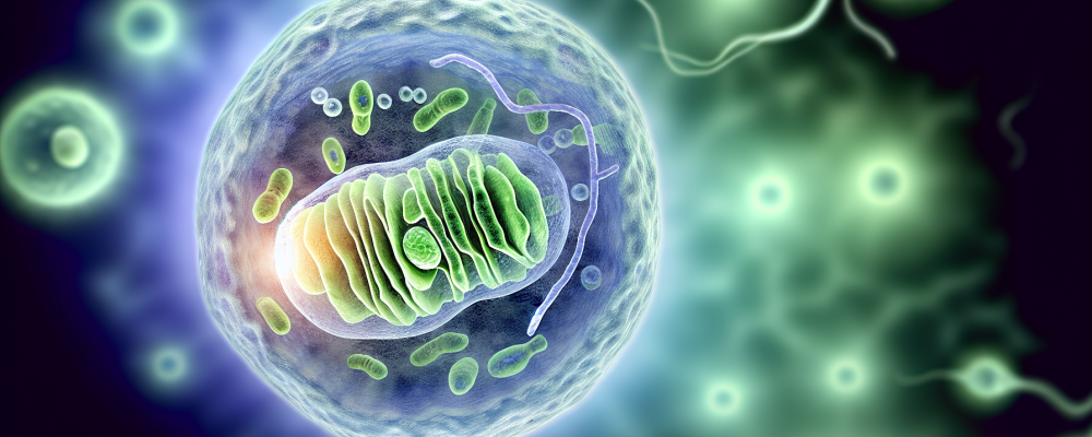 Célula humana detalhada com organelas visíveis, incluindo mitocôndrias, núcleo celular e elementos de divisão celular.