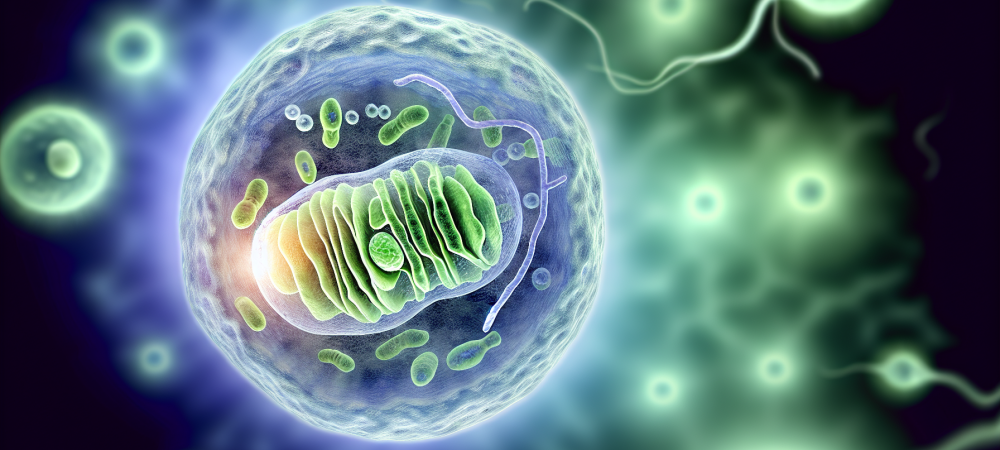Célula humana detalhada com organelas visíveis, incluindo mitocôndrias, núcleo celular e elementos de divisão celular.