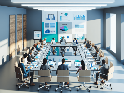 Funcionários públicos discutindo ética e compliance em reunião moderna com laptops e gráficos sobre governança.