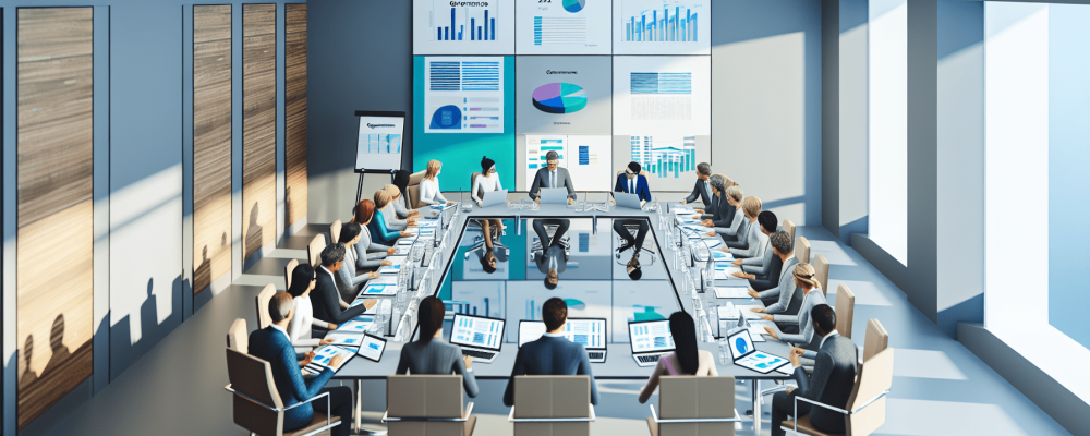 Funcionários públicos discutindo ética e compliance em reunião moderna com laptops e gráficos sobre governança.