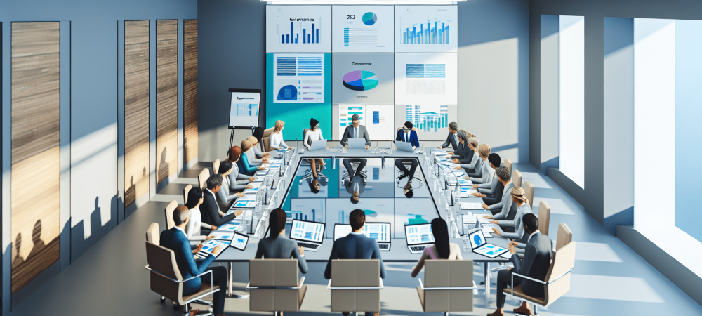 Funcionários públicos discutindo ética e compliance em reunião moderna com laptops e gráficos sobre governança.