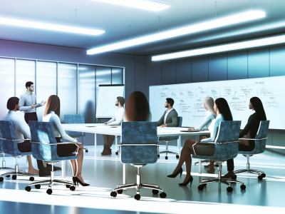 Profissionais em um escritório moderno discutindo ideias assertivas com luzes suaves e quadro branco.