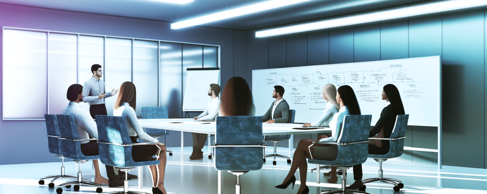 Profissionais em um escritório moderno discutindo ideias assertivas com luzes suaves e quadro branco.