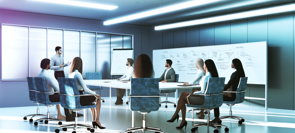 Profissionais em um escritório moderno discutindo ideias assertivas com luzes suaves e quadro branco.