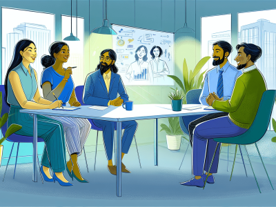 Profissionais em um escritório moderno, engajados em uma reunião produtiva, refletindo a prática da comunicação assertiva em um ambiente colaborativo.