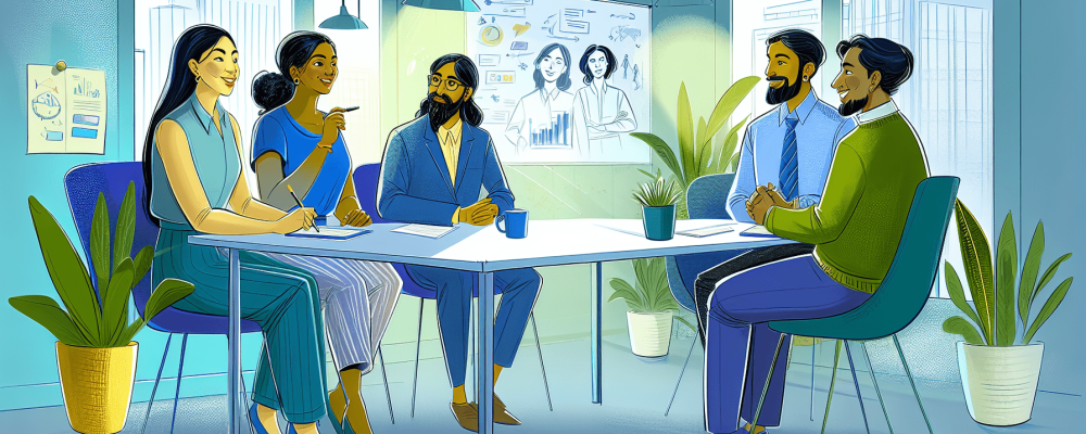 Profissionais em um escritório moderno, engajados em uma reunião produtiva, refletindo a prática da comunicação assertiva em um ambiente colaborativo.