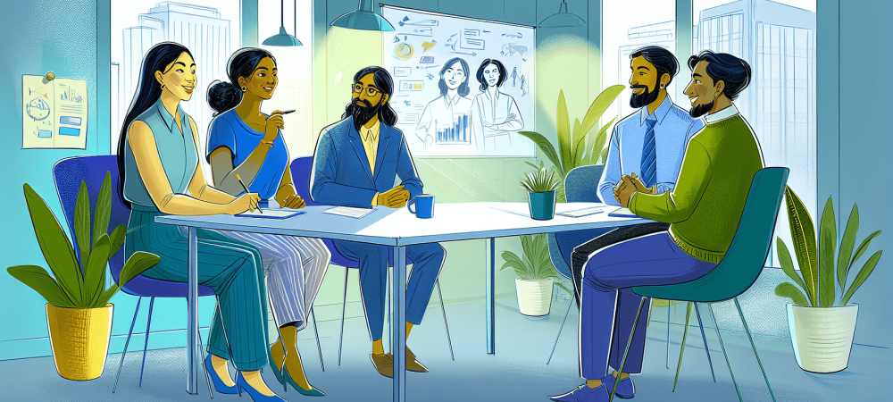 Profissionais em um escritório moderno, engajados em uma reunião produtiva, refletindo a prática da comunicação assertiva em um ambiente colaborativo.