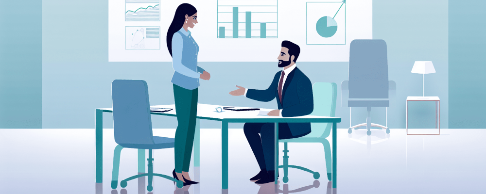 Profissionais em reunião assertiva, lousa ao fundo com gráficos de crescimento e colaboração