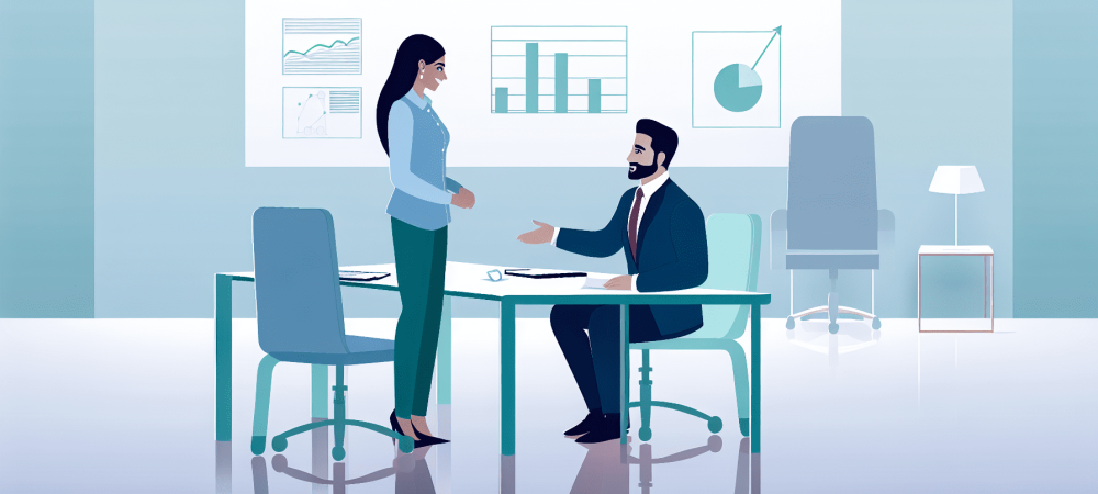 Profissionais em reunião assertiva, lousa ao fundo com gráficos de crescimento e colaboração