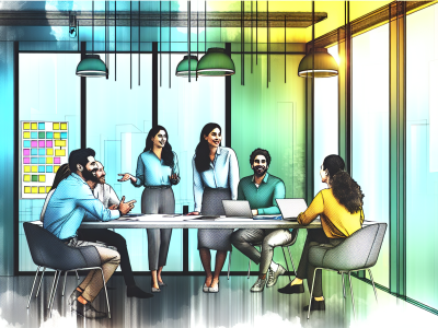 Sala de escritório moderna com profissionais em reunião, engajados em comunicação assertiva e colaborativa, com luz natural e post-its coloridos.