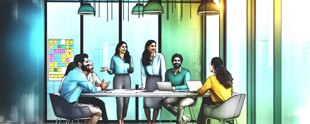 Sala de escritório moderna com profissionais em reunião, engajados em comunicação assertiva e colaborativa, com luz natural e post-its coloridos.