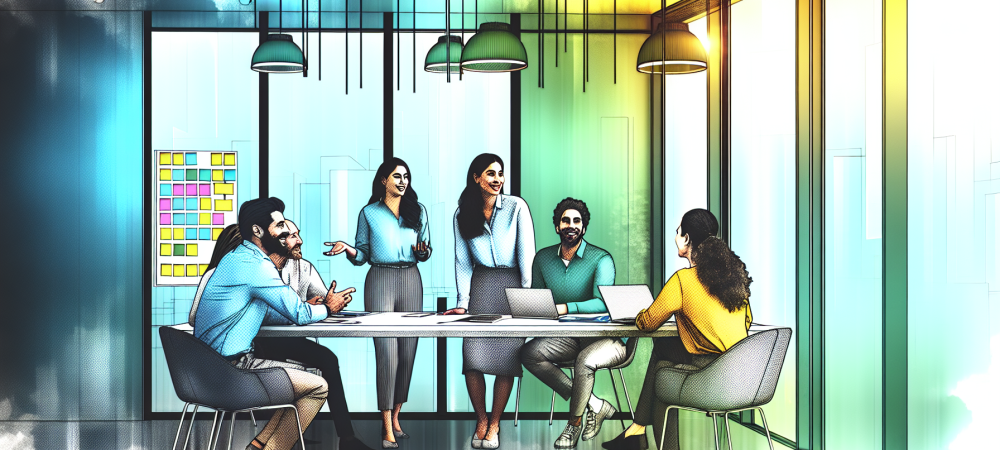 Sala de escritório moderna com profissionais em reunião, engajados em comunicação assertiva e colaborativa, com luz natural e post-its coloridos.