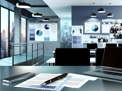 Mesa de trabalho em escritório público com laptop, papéis e caneta em destaque, simbolizando comunicação escrita eficaz.