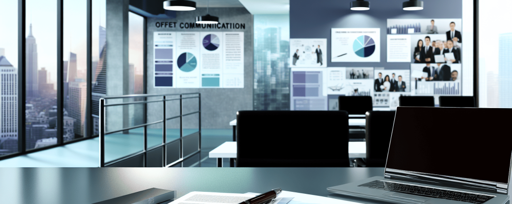 Mesa de trabalho em escritório público com laptop, papéis e caneta em destaque, simbolizando comunicação escrita eficaz.