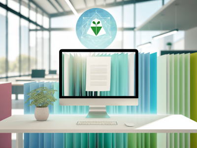 Mesa de trabalho em escritório público com documentos, computador exibindo texto claro e plantas simbolizando produtividade