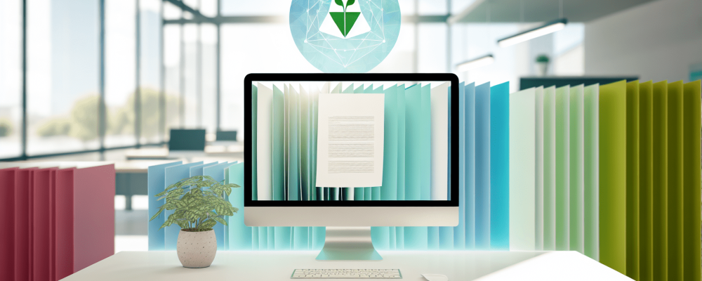 Mesa de trabalho em escritório público com documentos, computador exibindo texto claro e plantas simbolizando produtividade