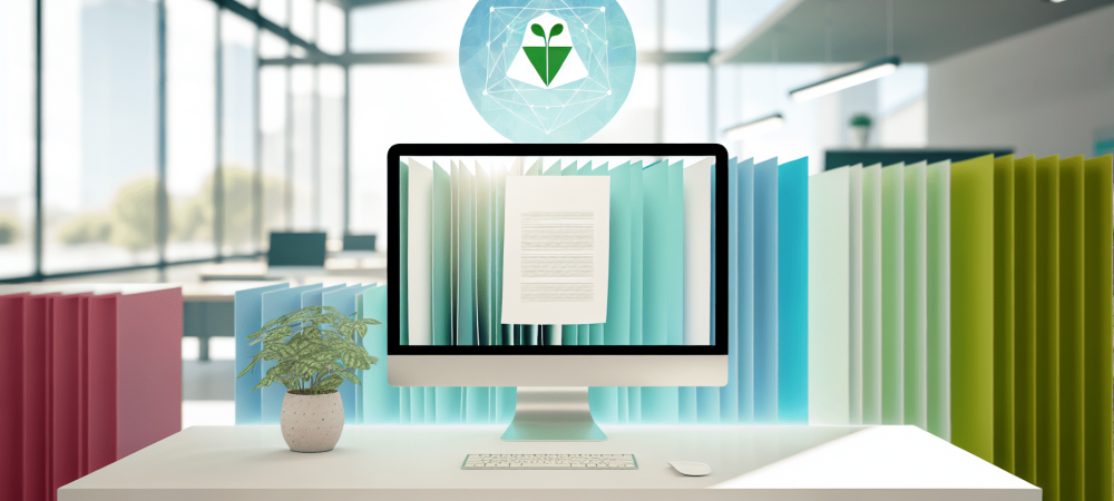 comunicacao-escrita-escritorio-publico.webp Mesa de trabalho em escritório público com documentos, computador exibindo texto claro e plantas simbolizando produtividade