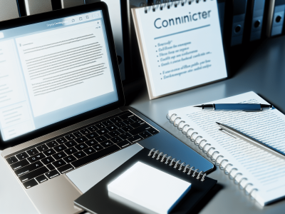 Mesa de escritório com notebook exibindo e-mail estruturado, bloco de notas e caneta, destacando comunicação escrita eficaz.