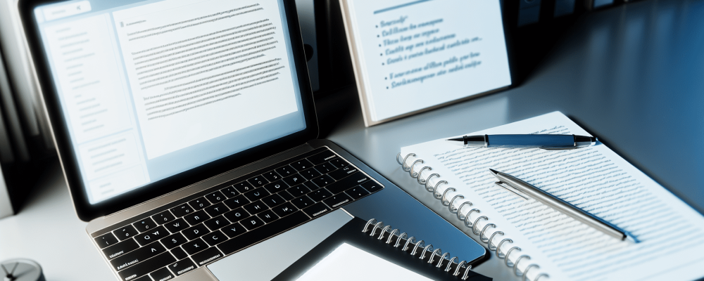 Mesa de escritório com notebook exibindo e-mail estruturado, bloco de notas e caneta, destacando comunicação escrita eficaz.