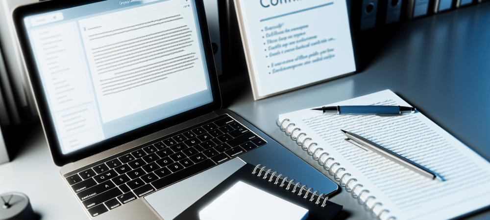 comunicacao-escrita-trabalho-eficaz.webp Mesa de escritório com notebook exibindo e-mail estruturado, bloco de notas e caneta, destacando comunicação escrita eficaz.