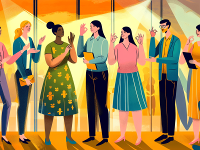 Profissionais interagindo com surdos usando LIBRAS em um ambiente acolhedor e moderno, destacando a inclusão social.