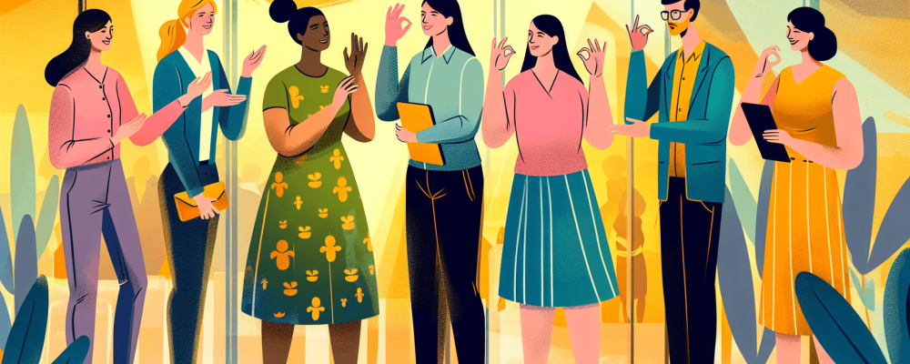 Profissionais interagindo com surdos usando LIBRAS em um ambiente acolhedor e moderno, destacando a inclusão social.