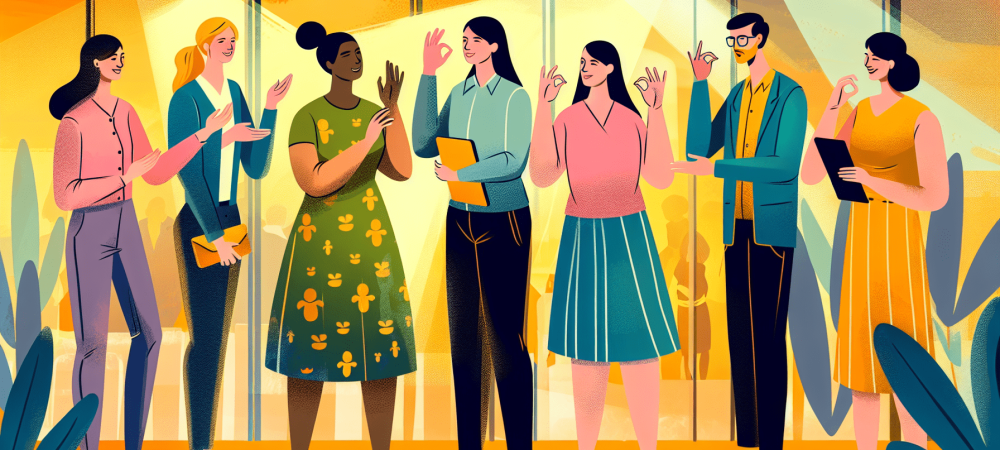 comunicacao-inclusiva-libras.webp Profissionais interagindo com surdos usando LIBRAS em um ambiente acolhedor e moderno, destacando a inclusão social.