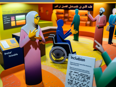 Servidor público utilizando LIBRAS com cidadão surdo, cercados por materiais de inclusão em ambiente acolhedor.