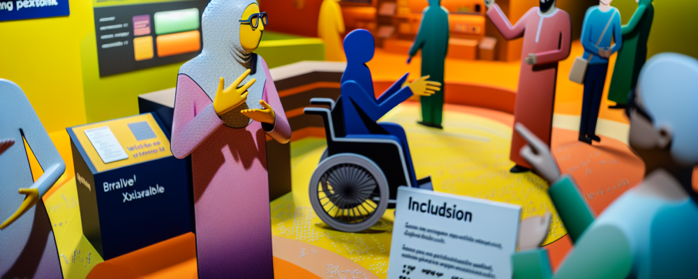 Servidor público utilizando LIBRAS com cidadão surdo, cercados por materiais de inclusão em ambiente acolhedor.