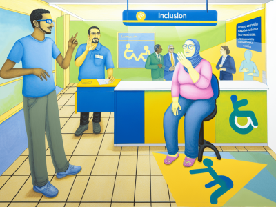 Servidor público usando Língua Brasileira de Sinais para atender cidadão em ambiente acolhedor com dicionário de Libras.