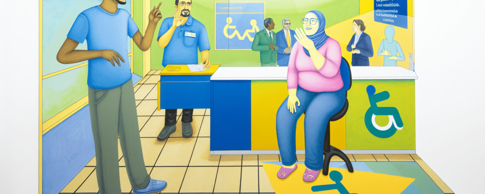 Servidor público usando Língua Brasileira de Sinais para atender cidadão em ambiente acolhedor com dicionário de Libras.