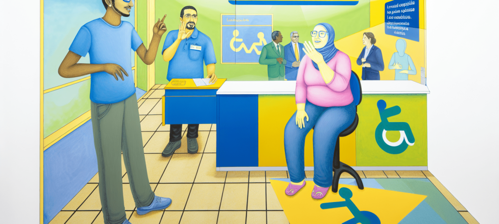 Servidor público usando Língua Brasileira de Sinais para atender cidadão em ambiente acolhedor com dicionário de Libras.