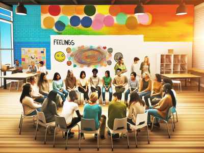 Sala de aula moderna com alunos e professores em círculo, promovendo comunicação não violenta com mural de sentimentos.