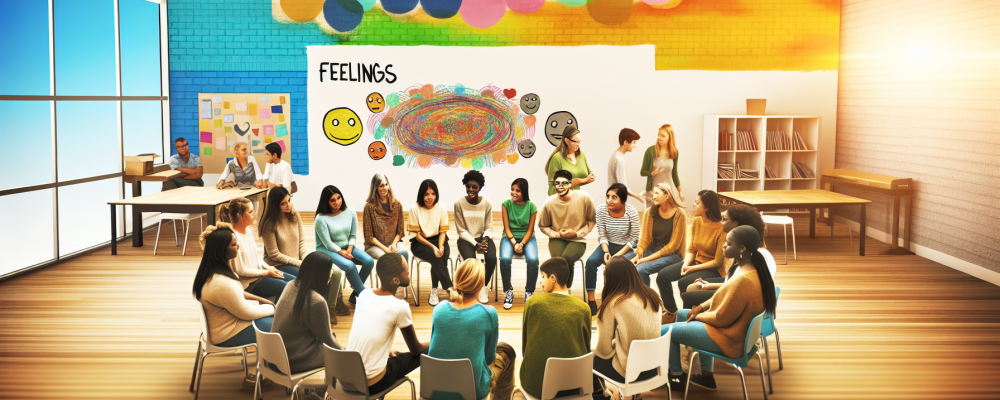 Sala de aula moderna com alunos e professores em círculo, promovendo comunicação não violenta com mural de sentimentos.
