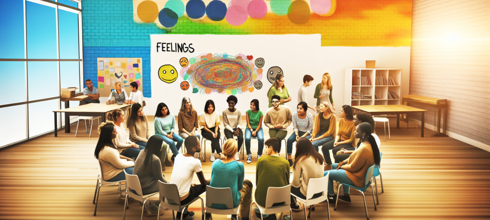 Sala de aula moderna com alunos e professores em círculo, promovendo comunicação não violenta com mural de sentimentos.