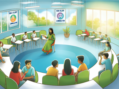 Sala de aula iluminada com alunos e professores discutindo empaticamente, cercados por cartazes de comunicação não violenta, simbolizando diálogo respeitoso.