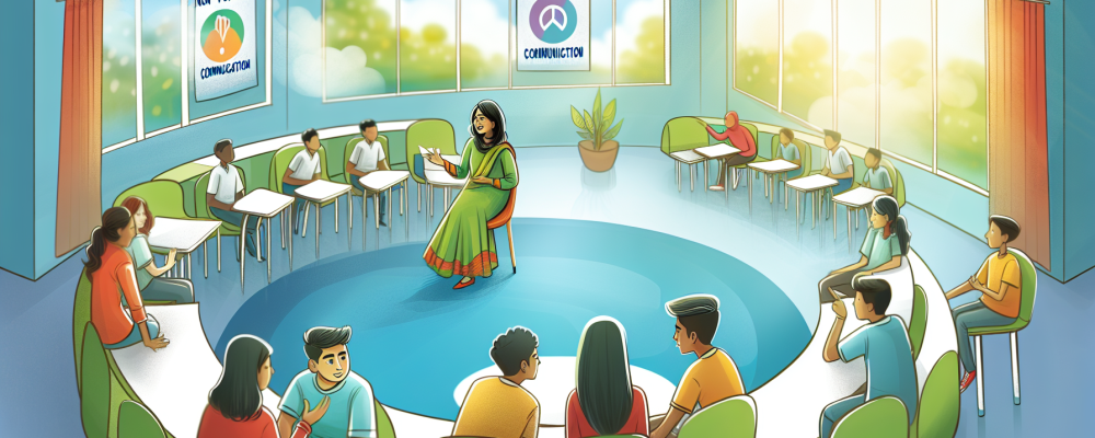 Sala de aula iluminada com alunos e professores discutindo empaticamente, cercados por cartazes de comunicação não violenta, simbolizando diálogo respeitoso.