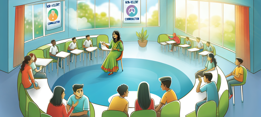 Sala de aula iluminada com alunos e professores discutindo empaticamente, cercados por cartazes de comunicação não violenta, simbolizando diálogo respeitoso.
