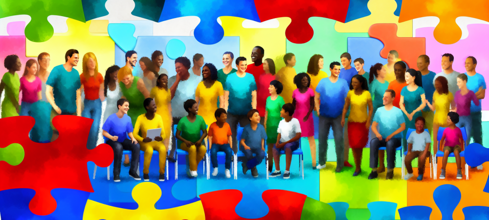 Uma ilustração colorida de várias etnias interagindo com peças de quebra-cabeça que representam o autismo.
